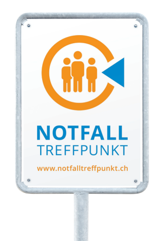 Strassenschild Notfall Treffpunkt mit Website www.notfalltreffpunkt.ch